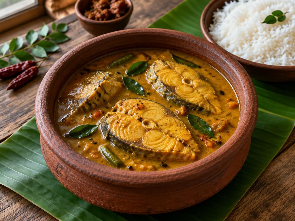 Andhra fish curry in a clay pot on a banana leaf