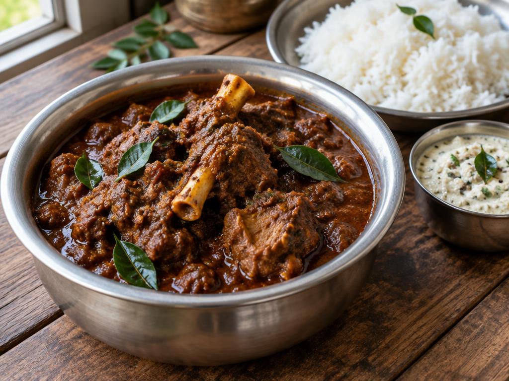 Andhra goat curry with rice and chutney