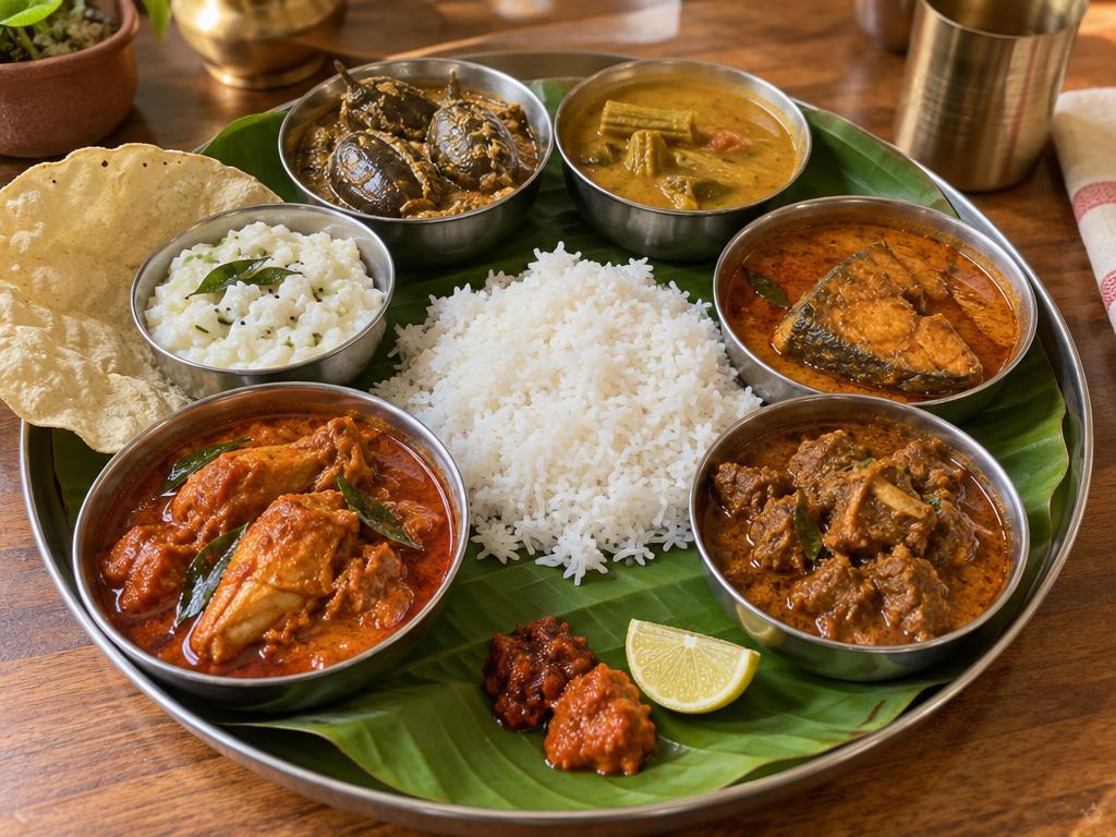 Andhra thali with rice, curries, sambar, bagara baigan and curd served on a banana leaf