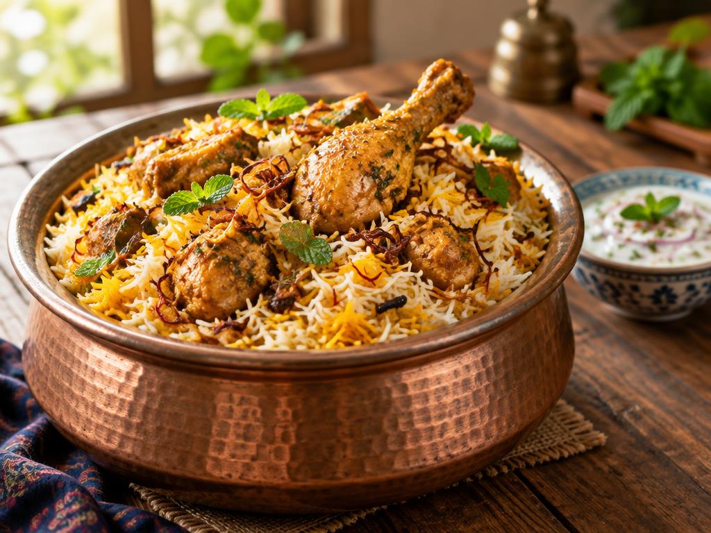 Chicken biryani served in a copper pot with raita