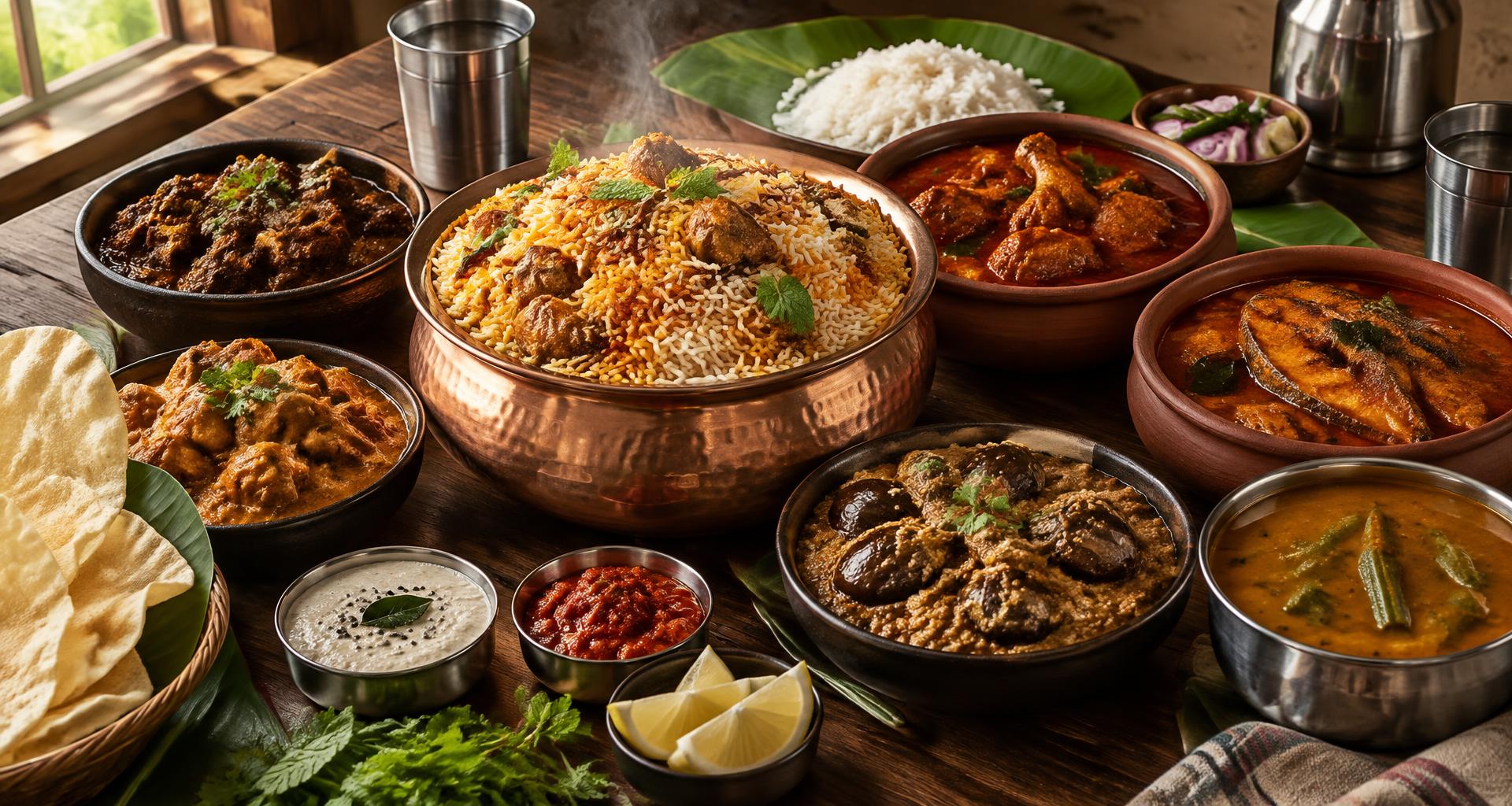 Chicken biryani, Andhra curries, bagara baigan and sambar spread across a wooden table