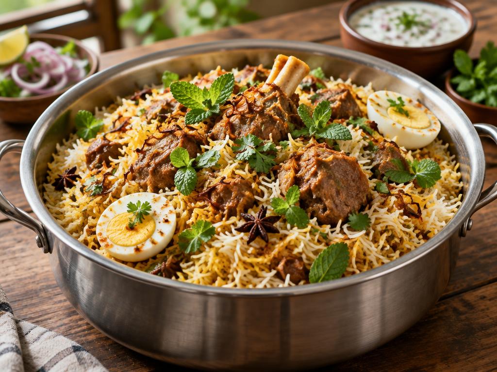Mutton biryani with boiled eggs and fresh mint